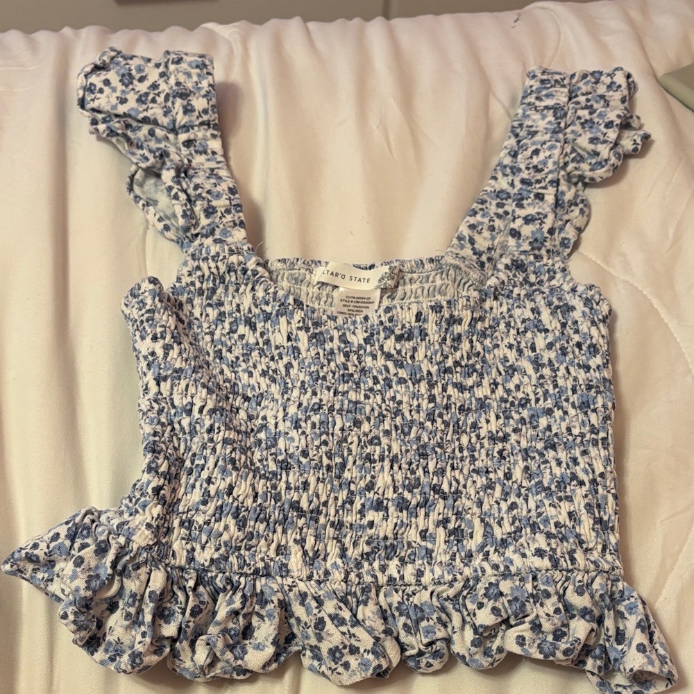 Altar'd State Blue and White Floral Smocked Tank Top